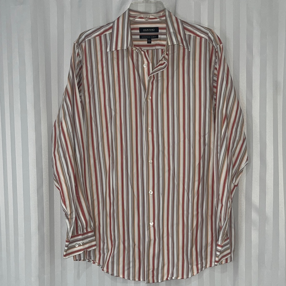 Murano Men's Multi-Stripe Dress Shirt. Cream w/Muted Red & Brown w/ Orange